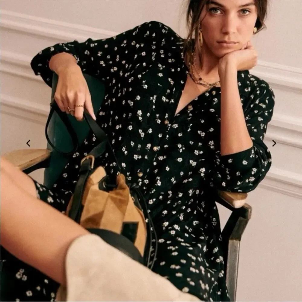 Sezane Leana Dress 36 US 4 Black Floral Mini Shirt Dress Long Sleeve Viscose